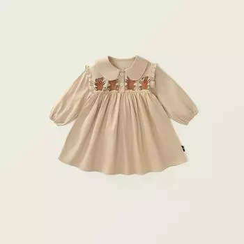 Платье с длинными рукавами для девочек, весна и осень 2024 г., новая детская юбка в корейском стиле с принтом медведя на лацкане 120cm хаки