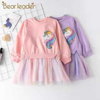 Платье с длинными рукавами для девочек Bear Leader 3-7 лет, толстовка, сетчатое платье с вышивкой AZ2377 3T