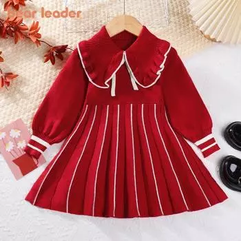 Платье с длинными рукавами для девочек Bear Leader 3-7 лет, полосатые трикотажные платья AM2593 3T