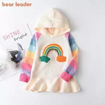 Платье с длинными рукавами для девочек Bear Leader 2-6 лет, разноцветные радужные платья с капюшоном AX1305 2T