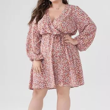 Платье с длинными рукавами-фонариками и цветочным принтом для женщин, короткое платье с глубоким v-образным вырезом и рюшами, пляжное праздничное платье, дышащее легкое платье L розовый