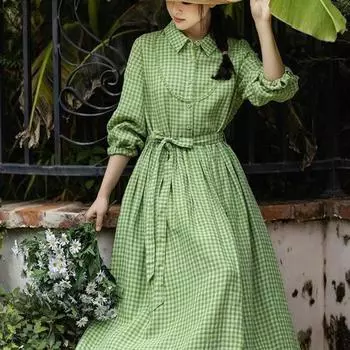 Платье с длинными рукавами, Художественное, В клетку, Повседневное, Длинное платье-рубашка 2XL зелёный