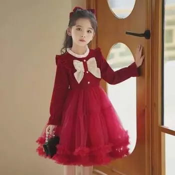 «Платье с длинными рукавами и бантом для девочек, осень/зима 2024 г.: Милый и модный наряд на день рождения 130 cm красный