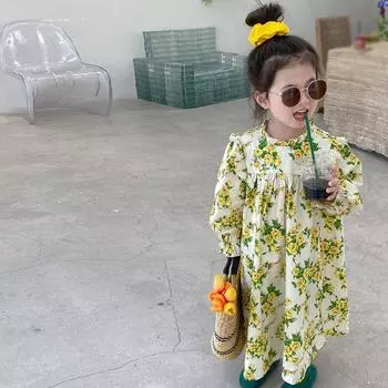 Платье с длинными рукавами и цветочным принтом для девочек, весна и осень, 3–8 лет 9