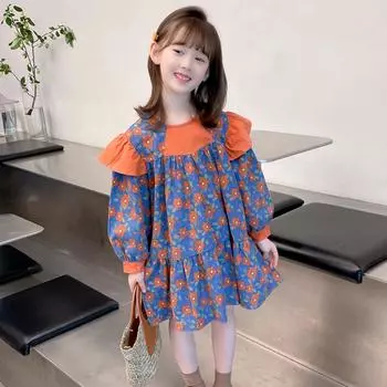 Платье с длинными рукавами и цветочным принтом для девочек, украшение с круглым воротником и оборками 9