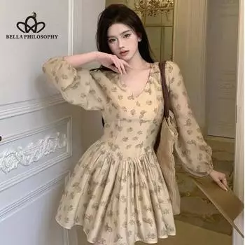 Платье с длинными рукавами и цветочным принтом во французском стиле, женское весеннее высококачественное элегантное платье принцессы с узкой талией, утягивающее короткое платье S жёлтый