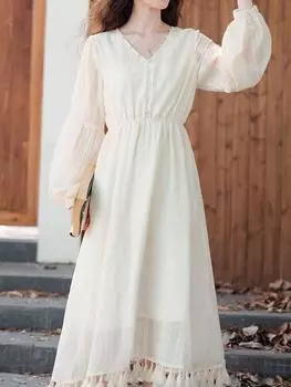 Платье с длинными рукавами и французским темпераментом для чайной паузы, женская весна, осень и зима 2024 г., новый праздничный стиль, нежная прямая юбка с кисточками S слоновая кость