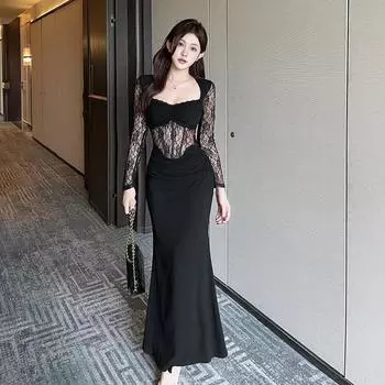 Платье с длинными рукавами и кружевом Fishbone Splicing, женское, осенне-зимнее, сексуальное, чистое, ветреное платье S чёрный