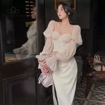 Платье с длинными рукавами и пышными рукавами, женское длинное французское весеннее платье 2022 года, женское повседневное элегантное вечернее платье S абрикосовый