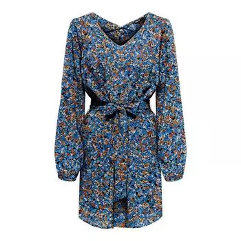 Платье с длинными рукавами и V-образным вырезом, поясом с цветочным принтом ТОЛЬКО для женщин XS синий