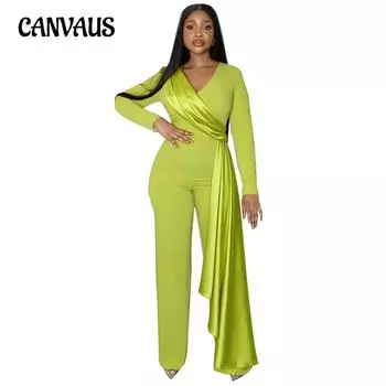 Платье с длинными рукавами и V-образным вырезом, облегающее женское платье-комбинезон на весну и осень S зелёный