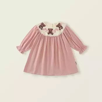 Платье с длинными рукавами и вышитым медведем для девочек 2024 года, осеннее новое детское платье принцессы с розовыми рукавами-фонариками в милом стиле 100cm розовый