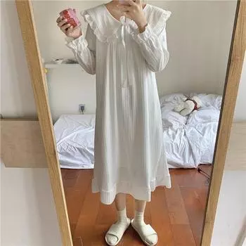 Платье с длинными рукавами, пижамы, женские милые девушки, корейский шикарный стиль, белое осеннее платье миди в стиле принцессы, домашняя одежда, одежда из двух предметов M белый