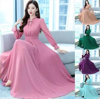 Платье с длинными рукавами, утягивающее талию, шифоновая длинная юбка, однотонная юбка L чёрный