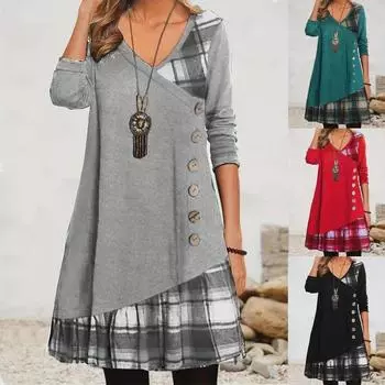 Платье с длинными рукавами в клетку и вставками из ткани осень/зима 2024 г. S темно-зеленого