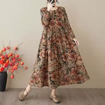 Платье с длинными рукавами в стиле ретро с принтом в стиле ранней весны, винтажное длинное свободное платье большого размера one size