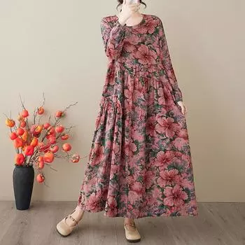 Платье с длинными рукавами в стиле ретро с принтом в стиле ранней весны, винтажное длинное свободное платье большого размера one size