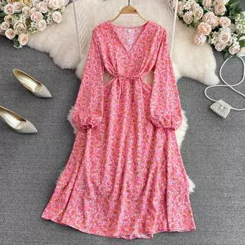 Платье с французским цветочным принтом First Love Tea Break Юбка-колокольчик Небольшое свежее платье-трапеция с v-образным вырезом и длинными рукавами на талии