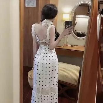 Платье с французским кружевом и подвязками, летнее, женское, с открытой спиной, средней длины и длиной до бедер, юбка в абрикосовый горошек S