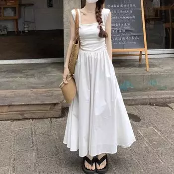 Платье с французским квадратным вырезом и халтер-топом, женское летнее платье с плиссировкой и усовершенствованной талией, без рукавов, длинное S белый