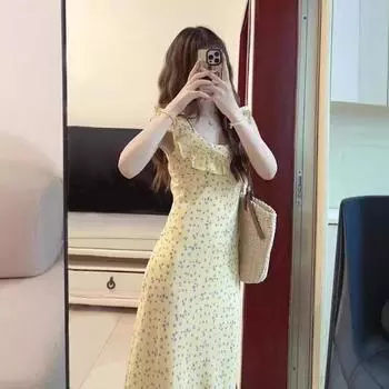 Платье с французским ретро-цветочным принтом, элегантное женское платье средней длины с квадратным воротником и оборками, летнее женское платье выше колена S жёлтый