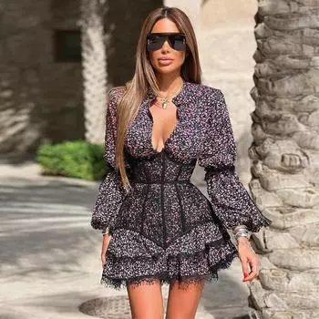 Платье с глубоким V-образным вырезом и цветочным принтом для женщин, кружевное лоскутное платье с высокой талией, тонкие мини-платья, женское уличное модное вечернее элегантное платье для отдыха S розовый