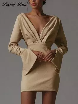 Платье с глубоким v-образным вырезом, женское сексуальное платье с расклешенными рукавами, бедра, женские платья, элегантное тонкое мини-платье цвета хаки, женские платья S чёрный