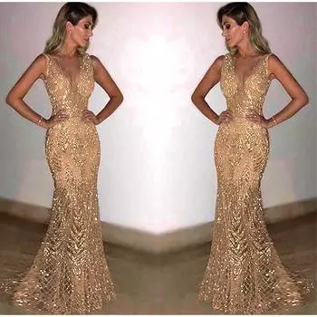 Платье с глубоким V-образным вырезом и золотыми пайетками, без рукавов, ажурное кружевное вечернее платье с открытой спиной, приталенное, с завязками на талии, длинное платье с рыбьим хвостом S серебряный