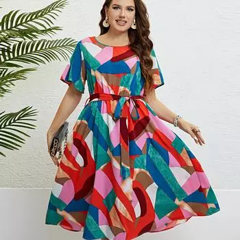 Платье с графическим принтом для женщин, с круглым вырезом, с коротким рукавом и завязкой на талии, свободное летнее длинное платье для работы, отдыха, повседневное платье макси, дышащее легкое платье XL