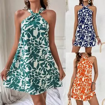 Платье с халтер-воротником и цветочным принтом, кружевное платье с оборками на спине, шифоновые платья без рукавов, повседневное женское платье S оранжевый