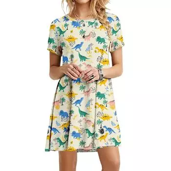 Платье с изображением динозавра из мультфильма, с коротким рукавом и принтом, женские модные стильные платья Kawaii, повседневный пуловер для большой летней одежды S