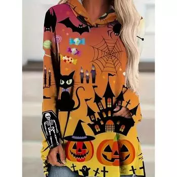 Платье с капюшоном и графическим принтом на Хэллоуин, повседневное мини-платье с длинными рукавами, женская одежда S оранжевый