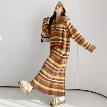 Платье с капюшоном в полоску с цветными блоками для женщин на осень и зиму, корейское свободное платье-пуловер, вязаный свитер one size оранжевый