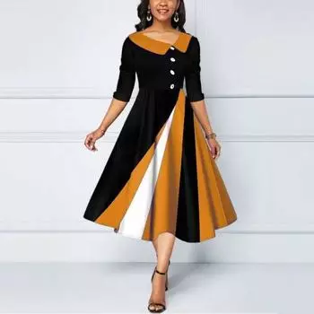 Платье с коротким рукавом и контрастной цветной строчкой на одной пуговице на талии L