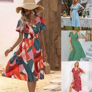 Платье с коротким рукавом, простота, небольшой цветочный принт, летняя горячая распродажа, женская одежда, средняя юбка с v-образным вырезом S