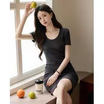 Платье с коротким рукавом, женское летнее, с круглым вырезом и сексуальной сумкой для специй, короткое платье на ягодицах S чёрный