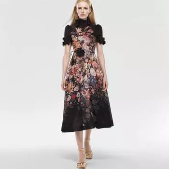 Платье с короткими рукавами, австралийским цветочным принтом, кружевным воротником и завязкой на талии L чёрный