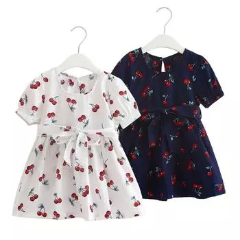 Платье с короткими рукавами и принтом вишни для девочек 2–9 лет, летний сарафан 110