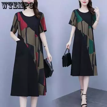 Платье с короткими рукавами Свободное платье большого размера в стиле ретро Темпераментное платье средней длины Модные тонкие женские платья L красный