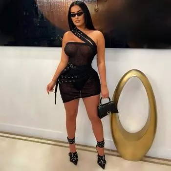 Платье с косыми плечами, прозрачное, женское, сексуальное, нестандартное, короткое платье S чёрный