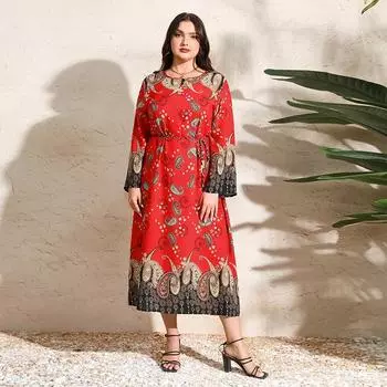 Платье с круглым вырезом, длинным рукавом, высокой талией для женщин, платье с принтом в этническом стиле, платье больших размеров с завязками, свободное универсальное платье, платье большого размера XL