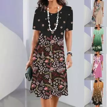 Платье с круглым вырезом и цветочным принтом, облегающее талию, элегантное платье для женщин, свободные платья с коротким рукавом, повседневное платье S