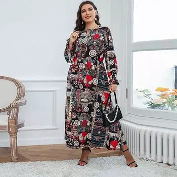 Платье с круглым вырезом и длинным рукавом с цветочным принтом для женщин, с высокой талией, тонкое, удобное, дышащее, легкое платье, повседневное модное длинное платье больших размеров XL чёрный