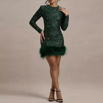 Платье с круглым вырезом и пайетками, сексуальное женское, пэчворк, перо, подол, облегающее вечернее платье, элегантное, с длинным рукавом, на молнии, облегающее мини-платье, новая мода S чёрный