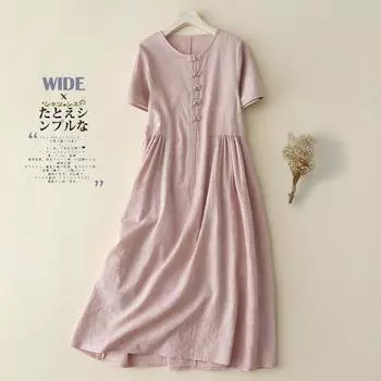 Платье с круглым вырезом из жаккарда, лето 2025, длинная юбка из хлопка и льна с короткими рукавами, льняная свободная и тонкая юбка M светло-синий