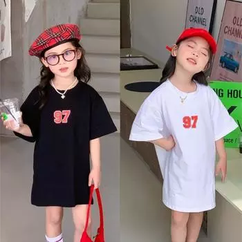Платье с круглым вырезом, милое повседневное с короткими рукавами и буквенным принтом в западном стиле для девочек 130 чёрный