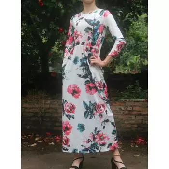 Платье с круглым вырезом с цветочным принтом, повседневное платье с длинными рукавами на весну и осень, женская одежда S