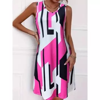 Платье с круглым вырезом с геопринтом, повседневное платье без рукавов на весну и лето, женская одежда S