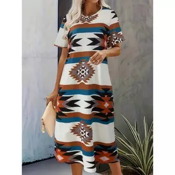 Платье с круглым вырезом с геопринтом, повседневное платье с короткими рукавами на весну и лето, женская одежда S
