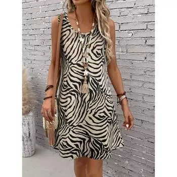 Платье с круглым вырезом в полоску под зебру, платье-майка без рукавов в отпускном стиле, женская одежда S